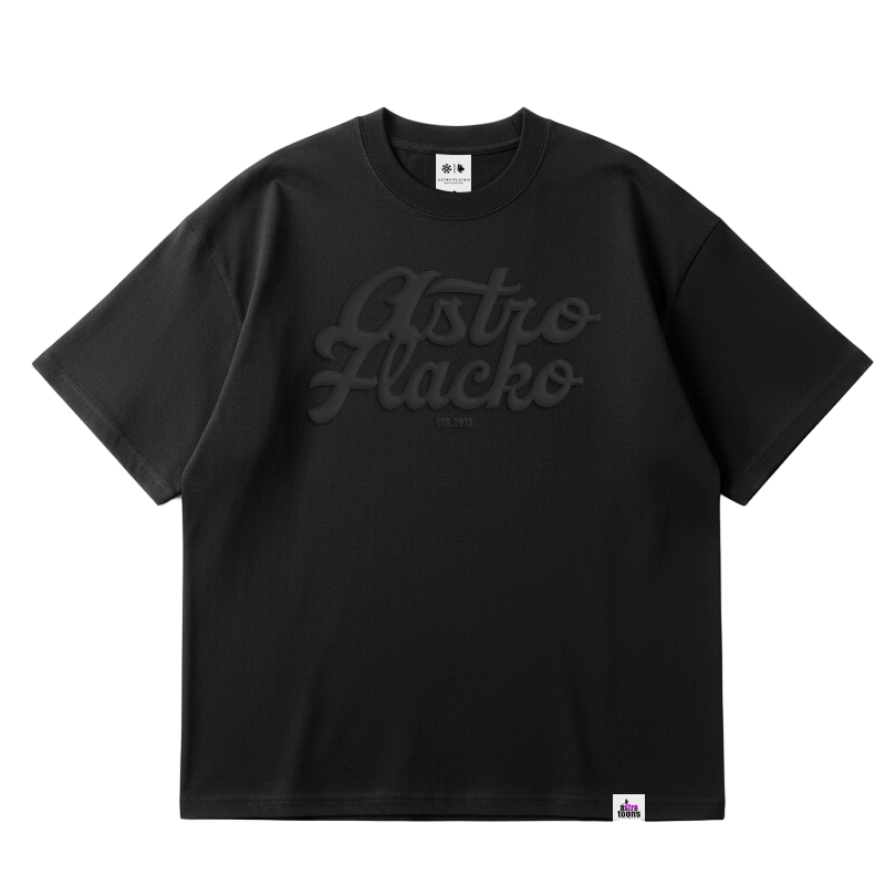 Black t-shirt with 'Astro Flacko' text on a white background