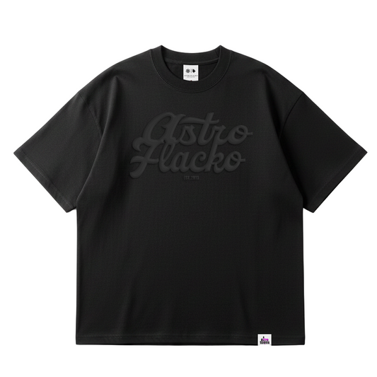 Black t-shirt with 'Astro Flacko' text on a white background