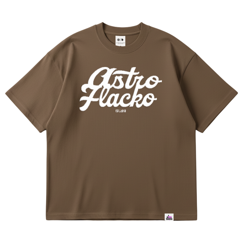 Brown t-shirt with 'Astro Flacko' text on a white background