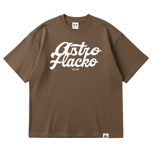 Brown t-shirt with 'Astro Flacko' text on a white background