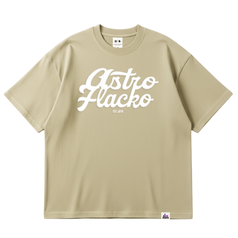 Beige t-shirt with 'Astro Flacko' text on a white background